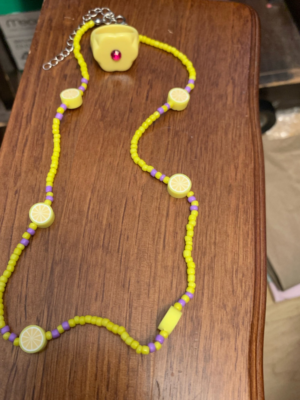 Yellow Lemon Bead Necklace with Purple Accents